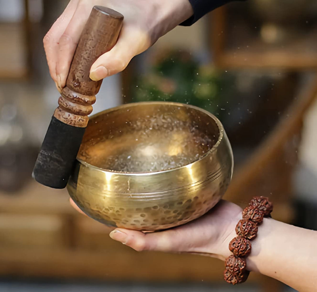 Klangschale Set mit Lederklöppel Klangtherapie Nepal Handgefertigt Klangschale Tibetisch Singing Bow