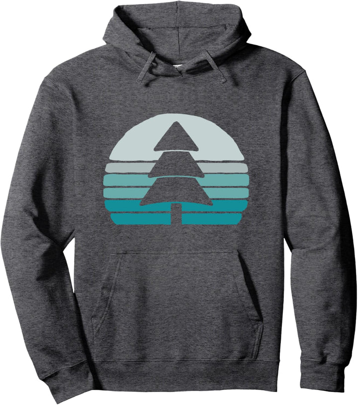 Minimalist Pine Tree & Retro Blue Sunset 80s Outdoor Graphic Pullover Hoodie