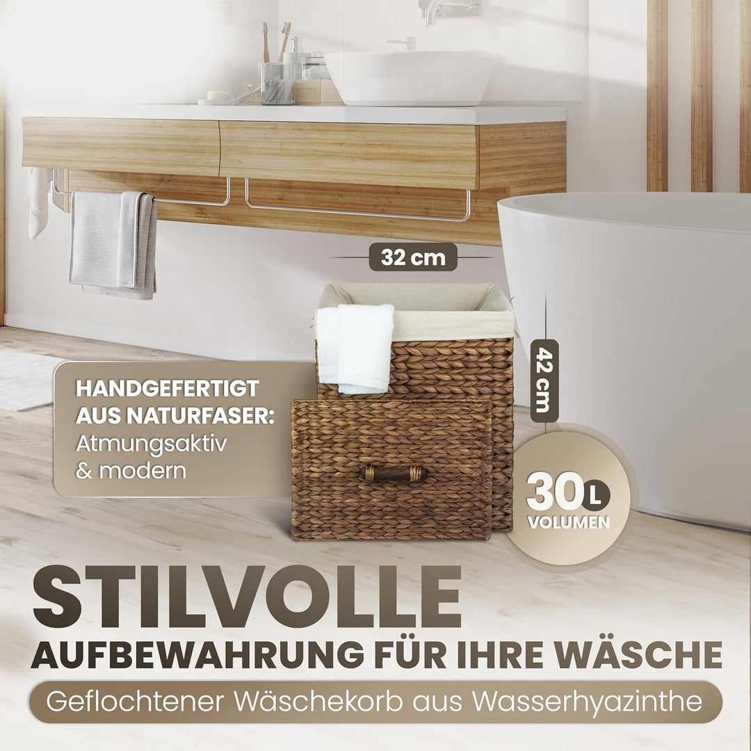 Casa Mina® Wäschekorb mit Deckel 32 x 25 x 45cm hoch I Atmungsaktiver Wäschekorb geflochten aus 100%
