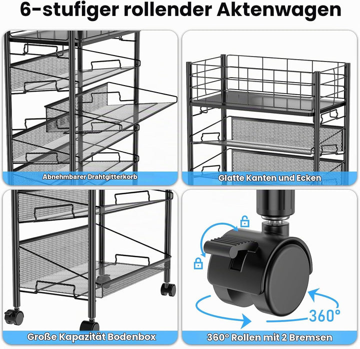 Rollbarer Aktenwagen mit Rädern, 6-stufiger Roll-Aktenwagen aus Metall für neben dem Schreibtisch, m
