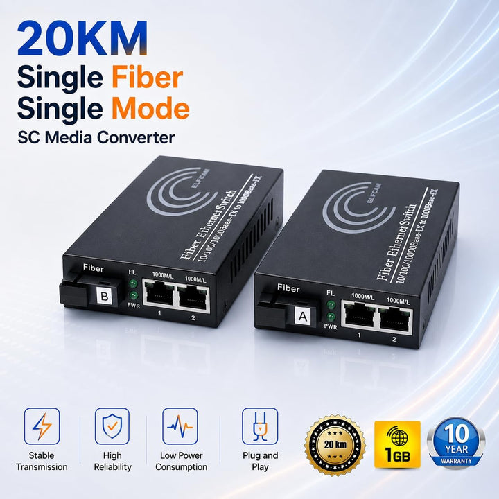 Elfcam® - Gigabit Ethernet LWL Media Converter Fibre Optic 10/100/1000 Mbps Including Mini-GBIC (SFP