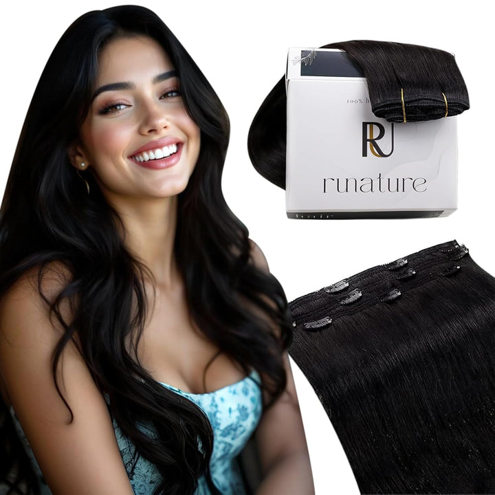 RUNATURE Clip in Extensions Echthaar Schwarz 35cm 3pcs Echthaar Extensions Clip Seamless Haarextensi