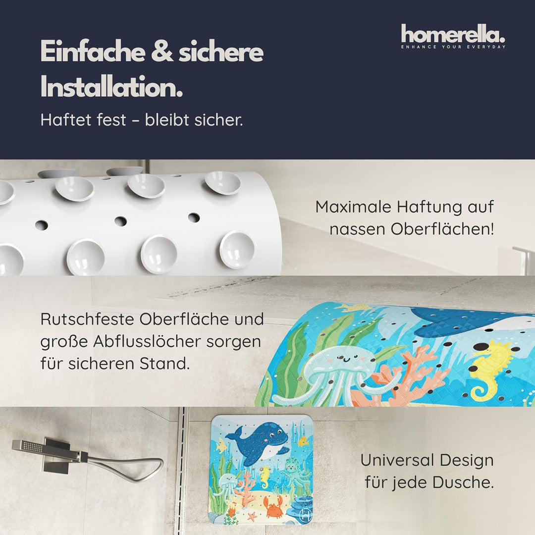 Homerella® Duschmatte rutschfest Kinder - 100% BPA frei Inkl. 2 Haken zum Aufhängen 53x53cm - Antiru