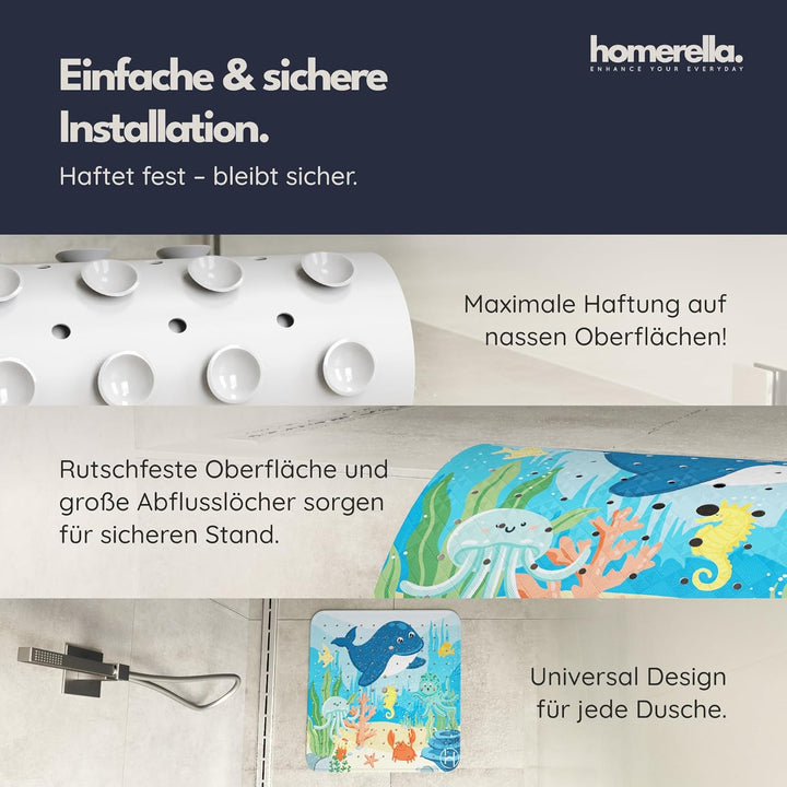 Homerella® Duschmatte rutschfest Kinder - 100% BPA frei Inkl. 2 Haken zum Aufhängen 53x53cm - Antiru