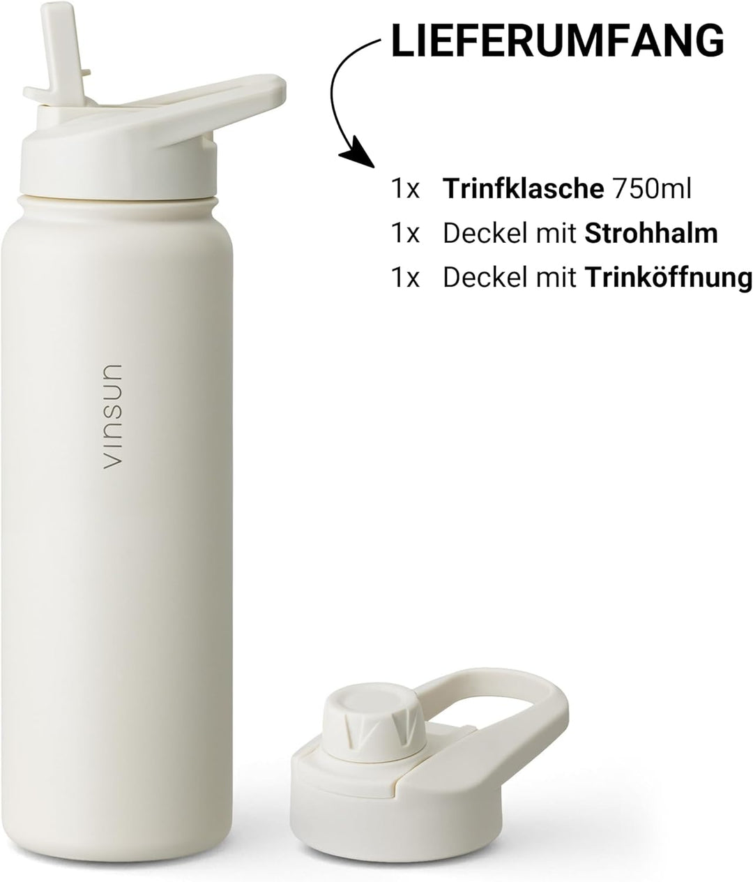 Vinsun Trinkflasche Edelstahl creme 750ml - auslaufsicher, Kohlensäure geeignet, BPA frei - Strohhal