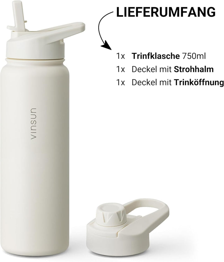 Vinsun Trinkflasche Edelstahl creme 750ml - auslaufsicher, Kohlensäure geeignet, BPA frei - Strohhal