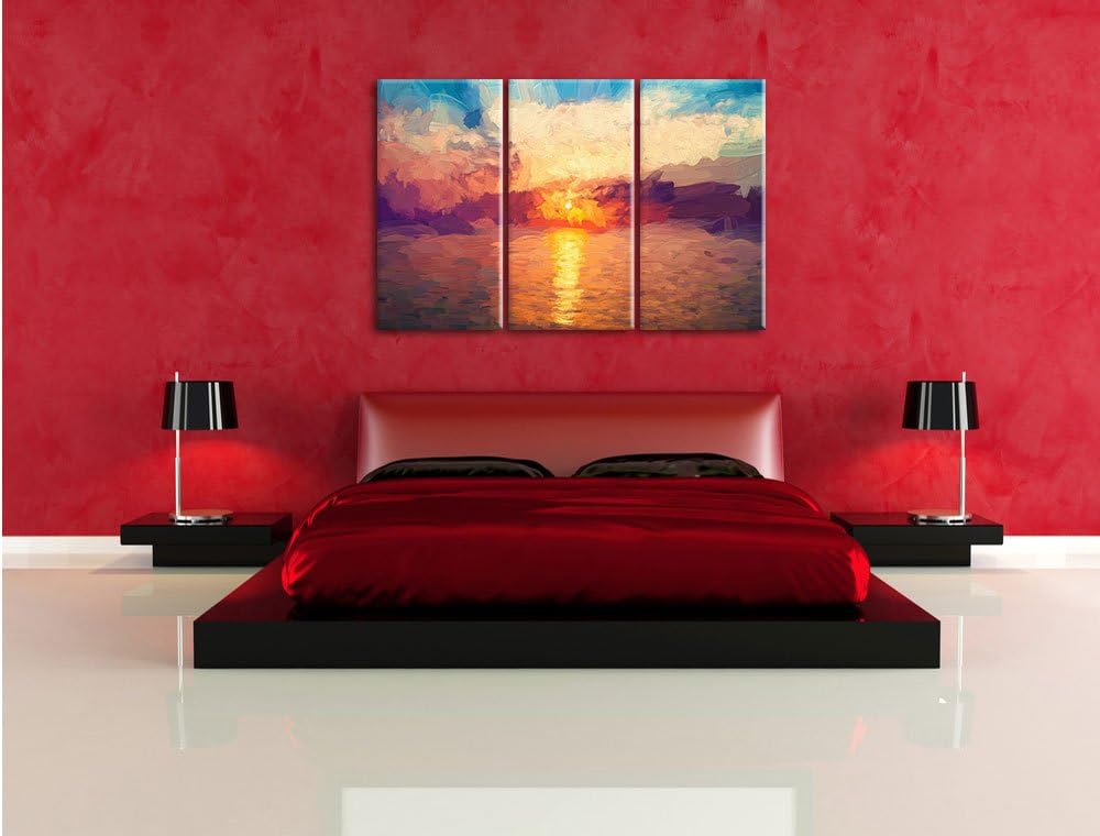Pixxprint Sonnenaufgang am Meer Pinsel Effekt 3-Teiler Leinwandbild 120x80 Bild auf Leinwand