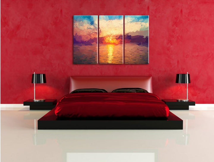 Pixxprint Sonnenaufgang am Meer Pinsel Effekt 3-Teiler Leinwandbild 120x80 Bild auf Leinwand