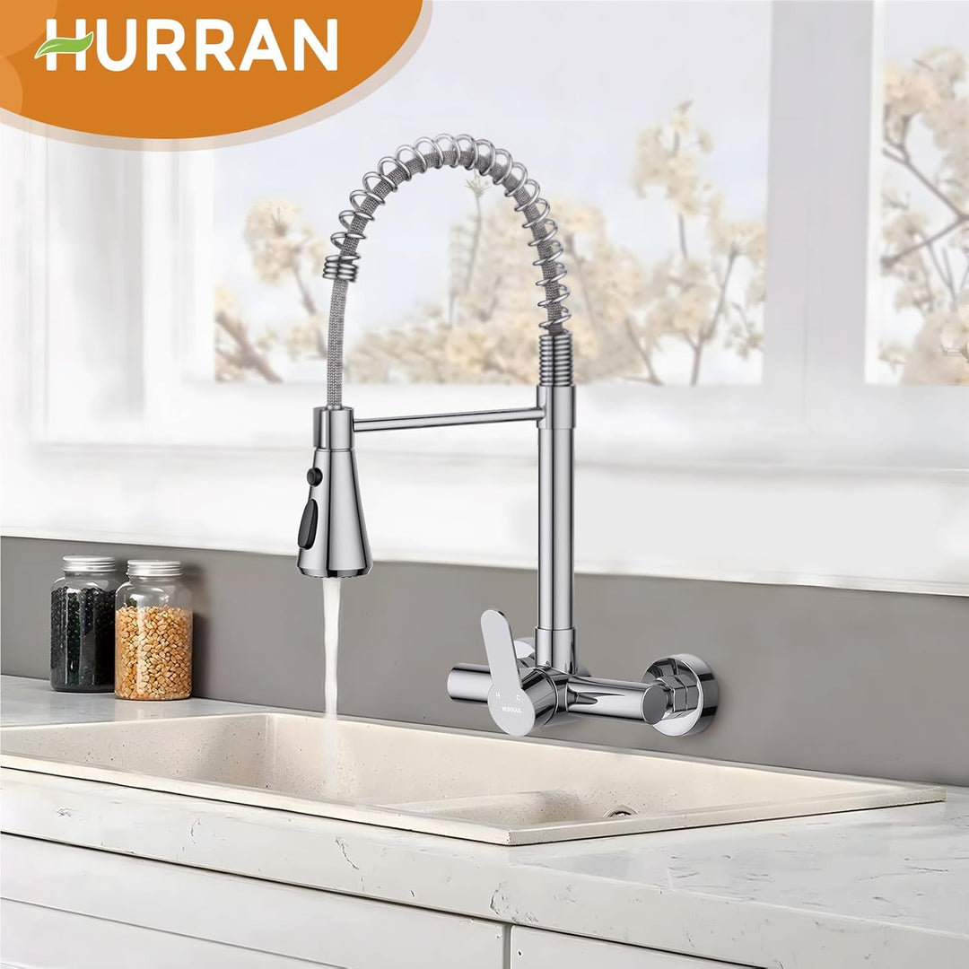 HURRAN Wasserhahn Wandmontage, Küchenarmatur mit 3 Auslaufarten, 360° Schwenkbarer Wasserhahn Küche