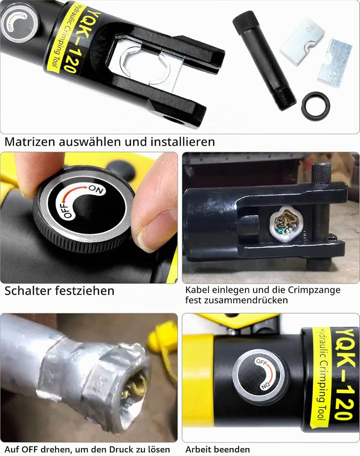 QWORK® crimpzange hydraulisch, presszange kabelschuhe,12 Tonnen, mit 8 Dies 10-120 mm² 12T, 12T