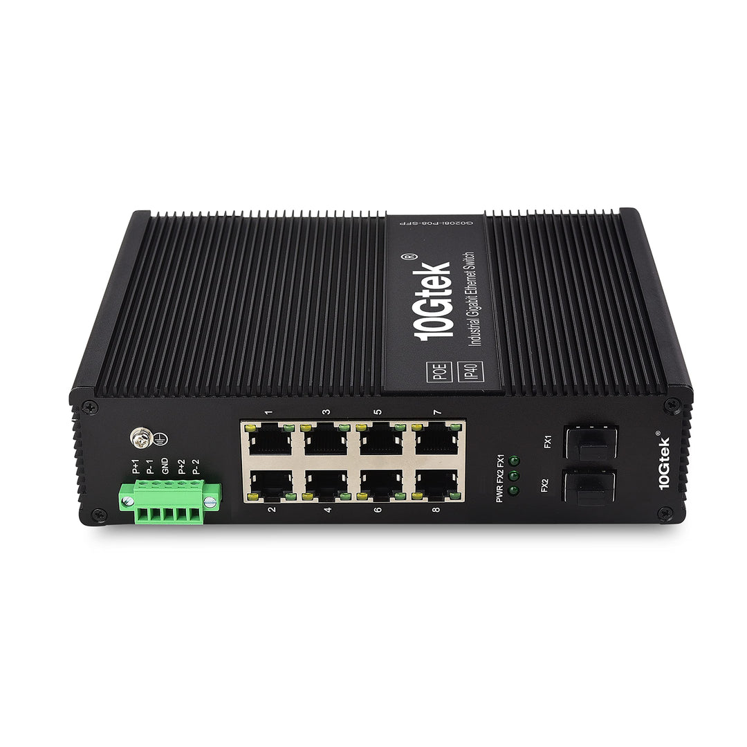 10Gtek 10-Port Industrial DIN-Rail Ethernet Switch Hutschiene, POE 802.3af/at, IP40, 2X Gigabit SFP