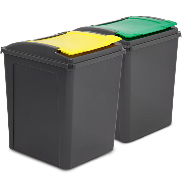 2x 50L Mülltonne Schwarz-Gelb-Grün, Mülleimer Küche, Mülleimer 2 Fächer, Mülltrennsystem, Abfalleime
