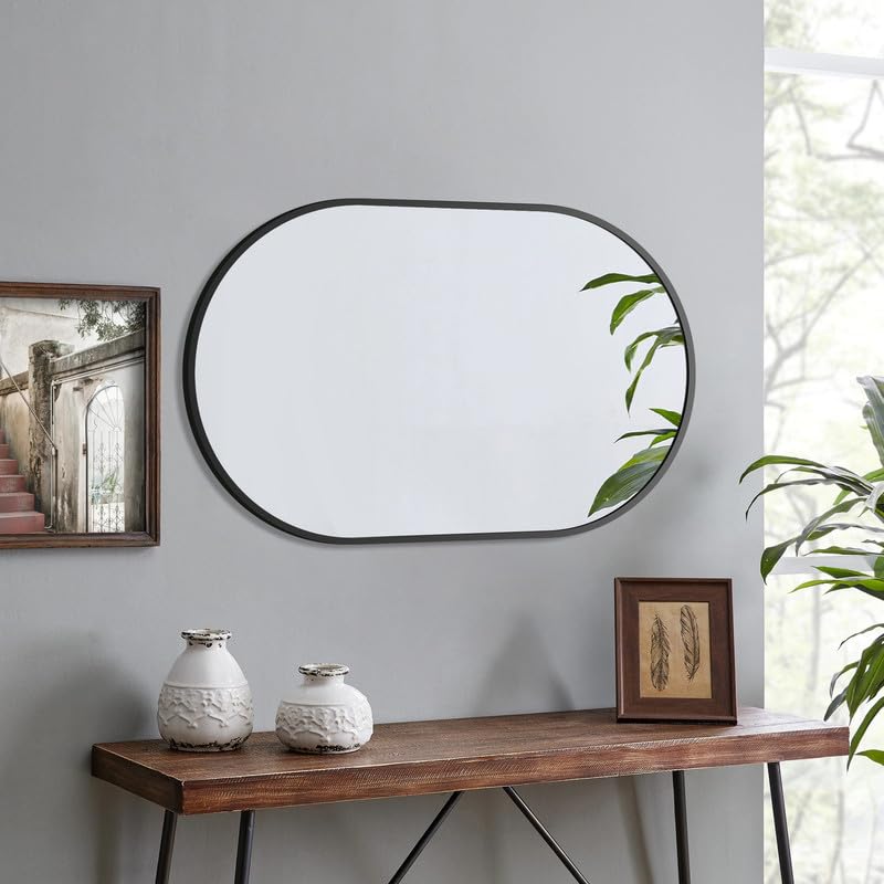 Spiegel Schwarz 80x50cm Ovaler Wandspiegel mit Metallrahmen Dekorative Spiege für Badezimmer Wohnzim