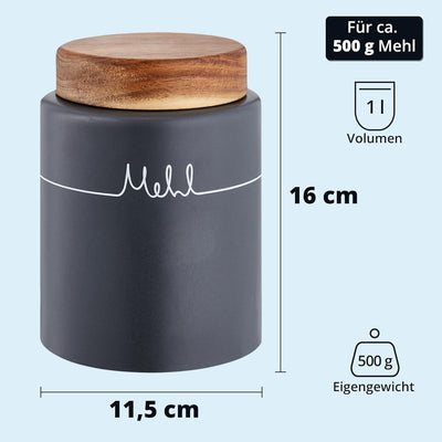 KHG Mehldose aus Keramik Steingut poliert in Anthrazit Grau mit Holz-Deckel für 500 ml Mehl, Vorrats