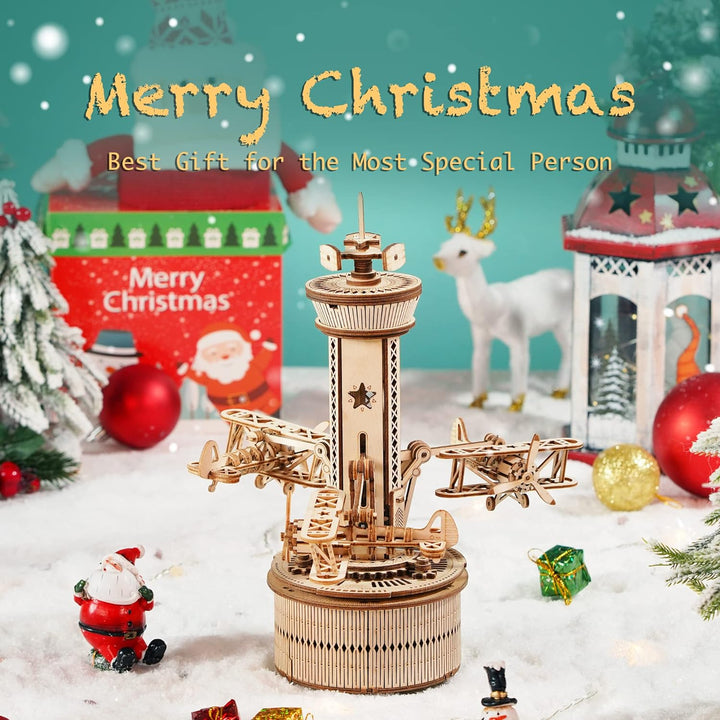 Robotime 3D Holzpuzzle Spieluhr Modellbausatz Mechanische Flugkontrollturm Holz Bastelset für Kinder