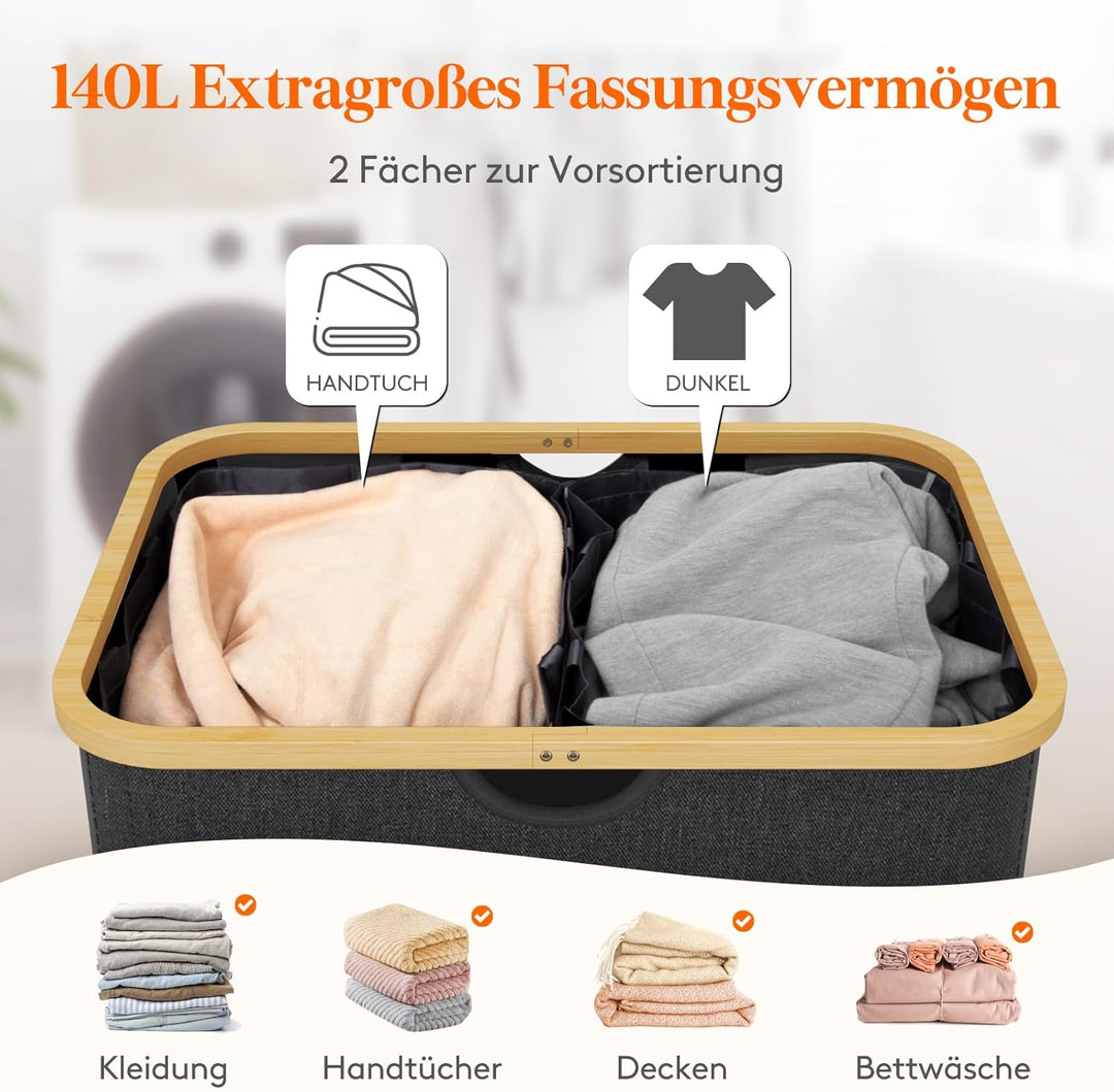 Lifewit 140L Wäschekorb mit Deckel, Grosse Wäschesammler 2 Fächer, Wäschesäcke, Wäschesortierer, Wäs