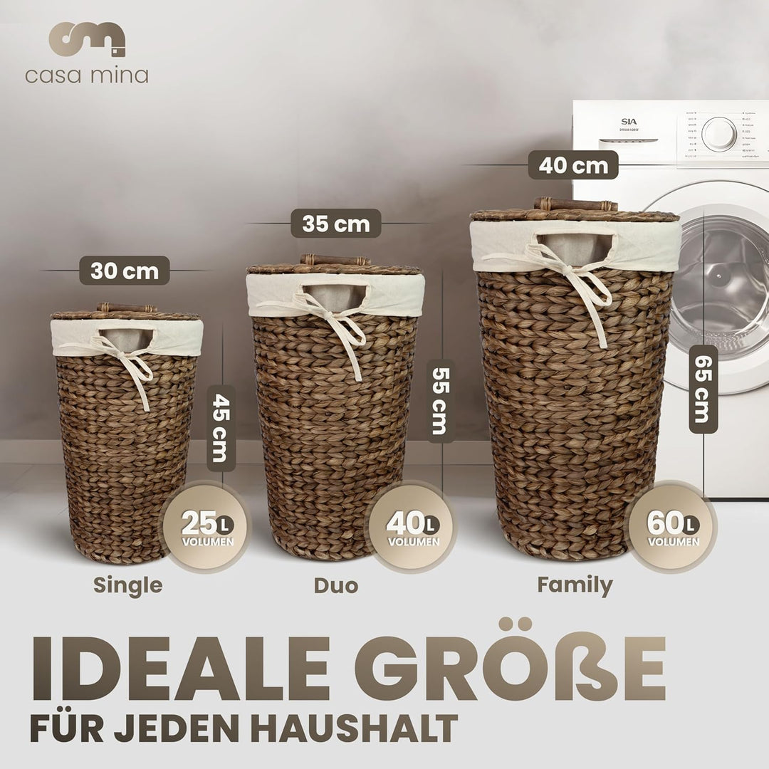 Casa Mina® Wäschesammler mit Deckel D35 x H55cm hoch I Atmungsaktiver Wäschekorb geflochten aus 100%