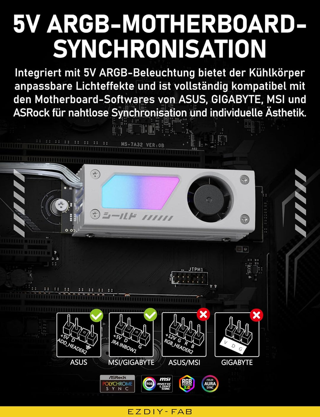 EZDIY-FAB Shield ARGB M.2 SSD-Kühler mit 20mm PWM-Lüfter, Premium-Aluminium-Design, 5V 3-Pin ARGB Sy