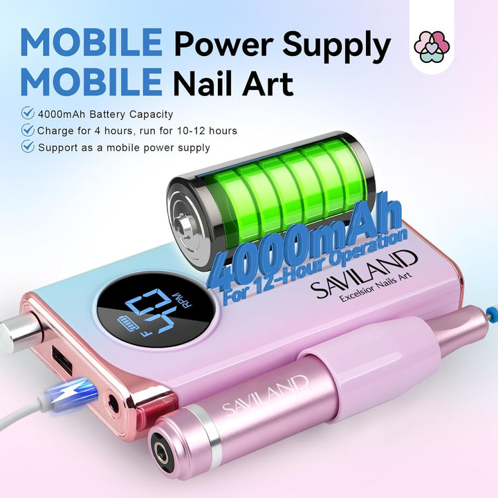 Saviland Elektrische Nagelfräser für Gelnägel 40000 U/min, 12 in 1 Professionell Maniküre Pediküre S