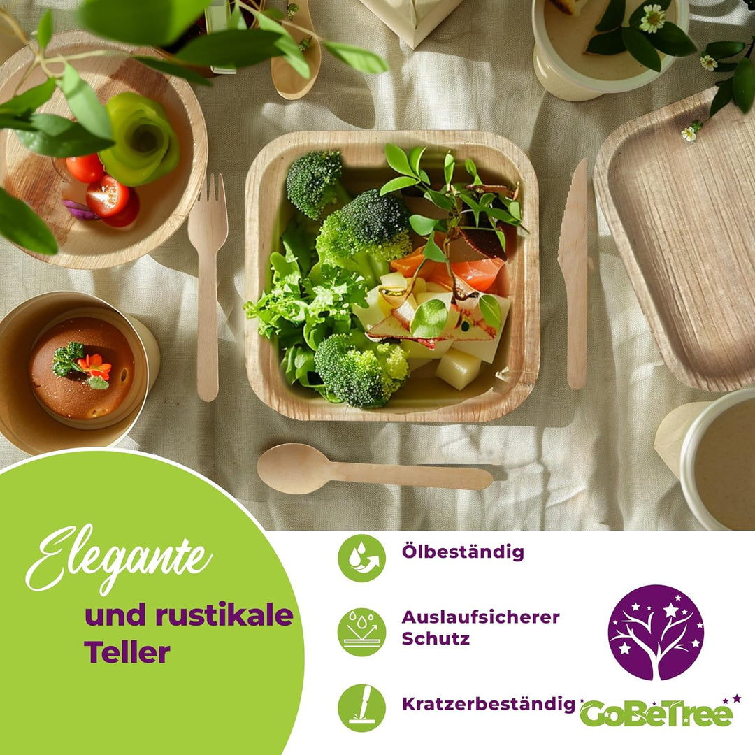 GoBeTree – Einweggeschirr aus Palmblättern – 180-Teilig Geschirrset für 25 Gäste, Bio abbaubare Tell
