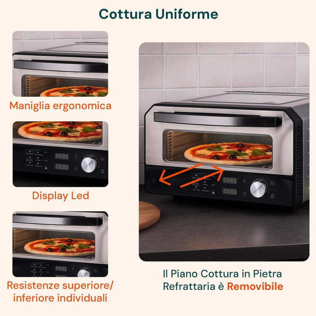 Avilia - Elektrischer Pizzaofen 400 °C mit Digitalanzeige und 6 Kochprogrammen, inklusive Pizzaschau