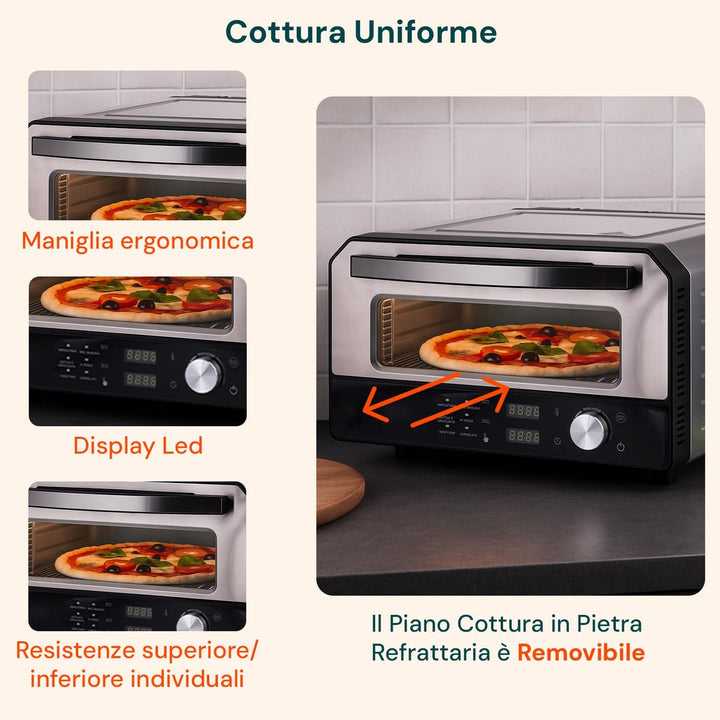 Avilia - Elektrischer Pizzaofen 400 °C mit Digitalanzeige und 6 Kochprogrammen, inklusive Pizzaschau