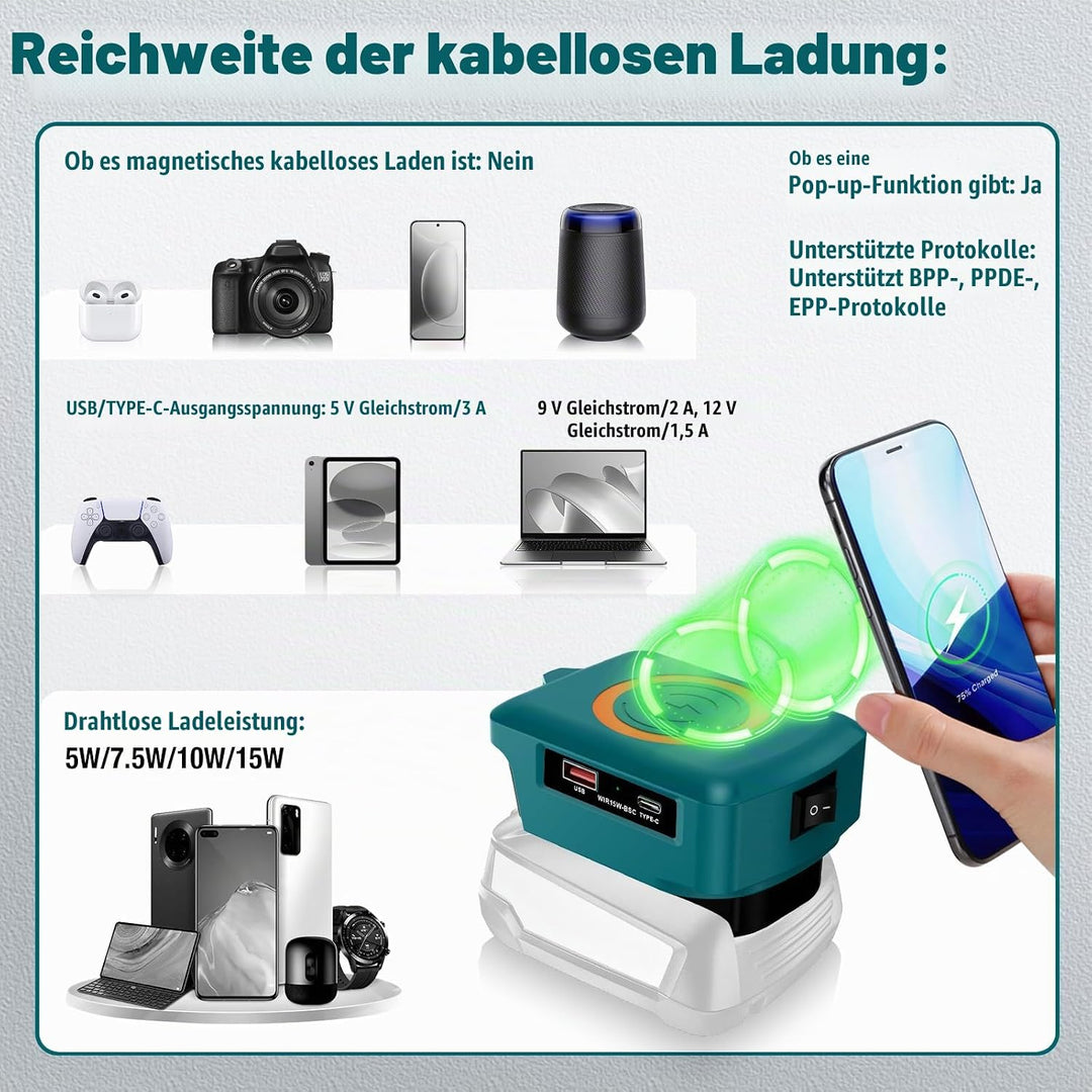 Kabelloses Tragbares Ladegerät für Bosch 18V Home and Garden Li-Ionen Akku, 15W Schnell Telefon Lade