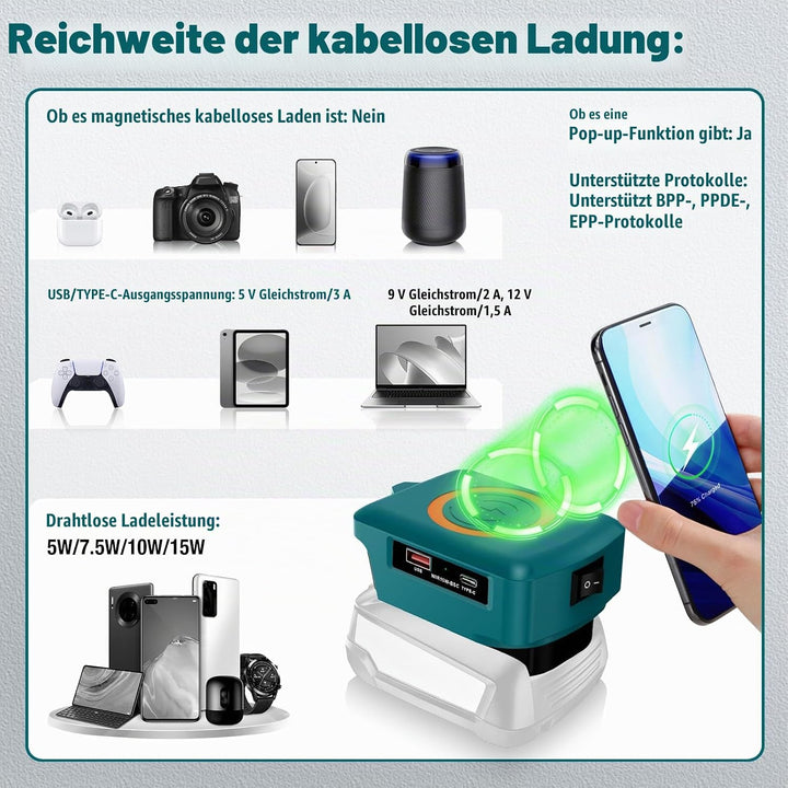 Kabelloses Tragbares Ladegerät für Bosch 18V Home and Garden Li-Ionen Akku, 15W Schnell Telefon Lade