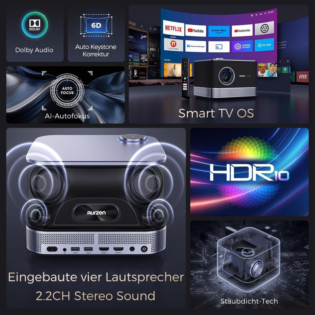 All-ln-One mit Beamer 4K Unterstützung, AURZEN Boom 3 Smart Projektor mit WiFi und Bluetooth, 3D-Ste