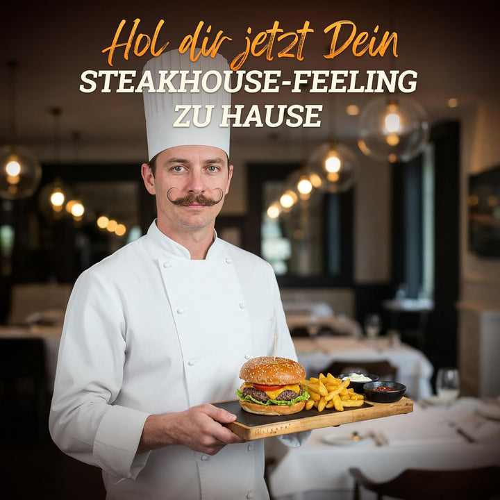 LIKAYA Steak- & Servierbrett 2er-Set aus FSC Akazienholz mit Schieferplatte & Dipschalen – Grillbret