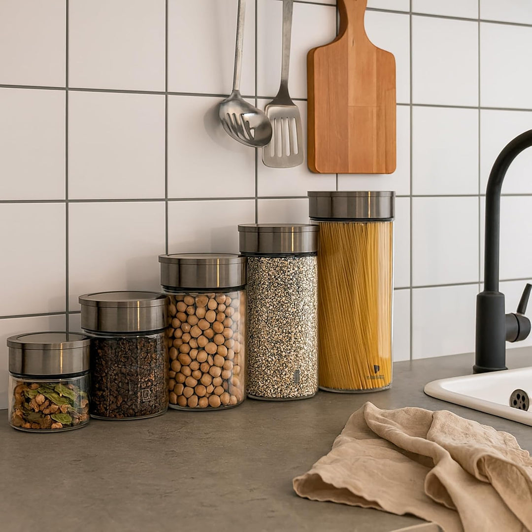 BURI Vorratsglas Vakuumglas 6er Set 450ml | Vorratsdosen Glas mit Edelstahl Deckel & Vakuum Klick-Me