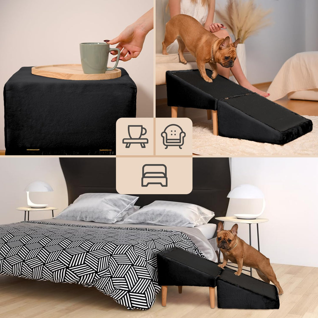 VELORA H&amp;L Hunderampe Schwarz - 2in1 Hundetreppe und Sitzhocker, Klappbare Einstiegshilfe für Sofa u
