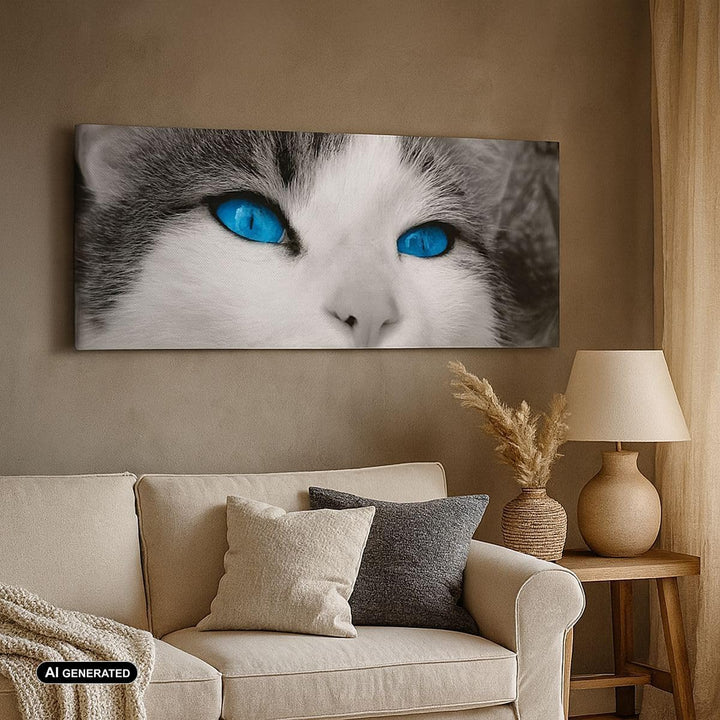 Wandbilder Dekoration Wohnzimmer Katze Tiere blaue Augen Panorama Bilder auf Leinwand 120x50cm Leinw