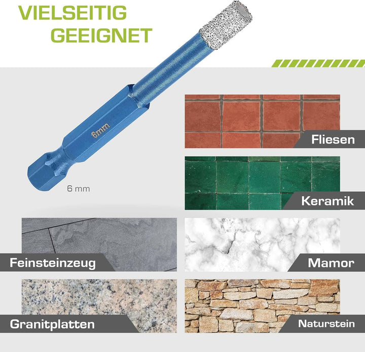 Profi Fliesenbohrer 6mm BIT Adapter - Diamantbohrer für Feinsteinzeug, harte Fliesen uvm. Diamantboh