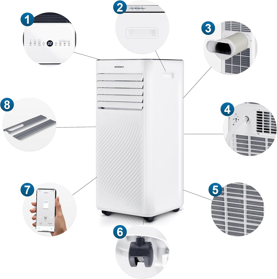Berdsen Mobiles Klimagerät 3-in-1-9000 BTU - Kühlung, Entfeuchtung, Ventilation - Tuya Smart App - E