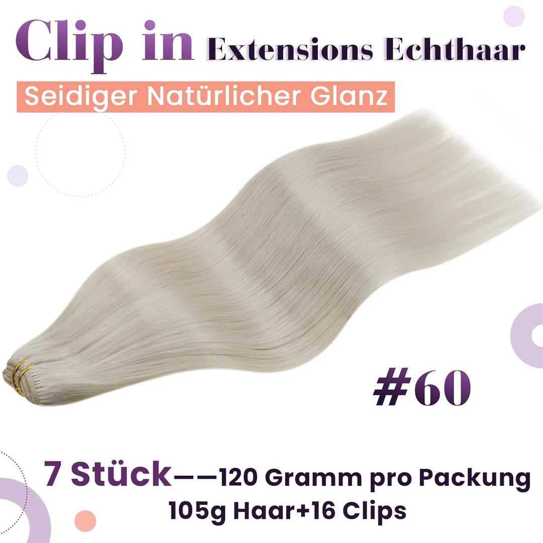 LaaVoo Clip in Haarverlängerung Echthaar Platinblond 105g Clip in Remy Extensions 