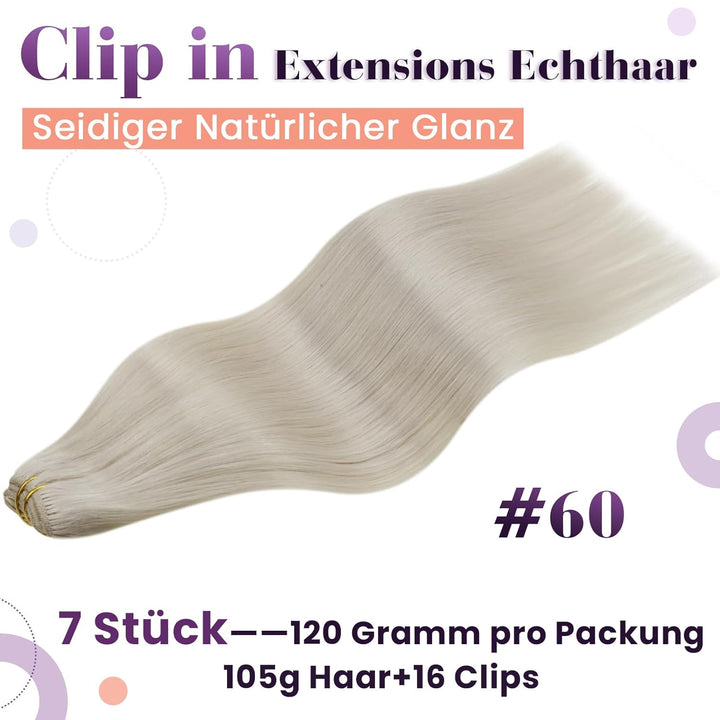 LaaVoo Clip in Haarverlängerung Echthaar Platinblond 105g Clip in Remy Extensions 