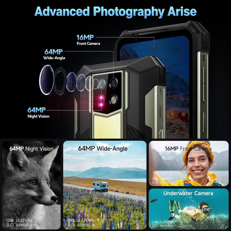 Ulefone Armor 24 Outdoor Handy 22000mAh mit 1000 Lumen Taschenlampe, 24GB + 256GB/2TB SD 64MP+64MP+1