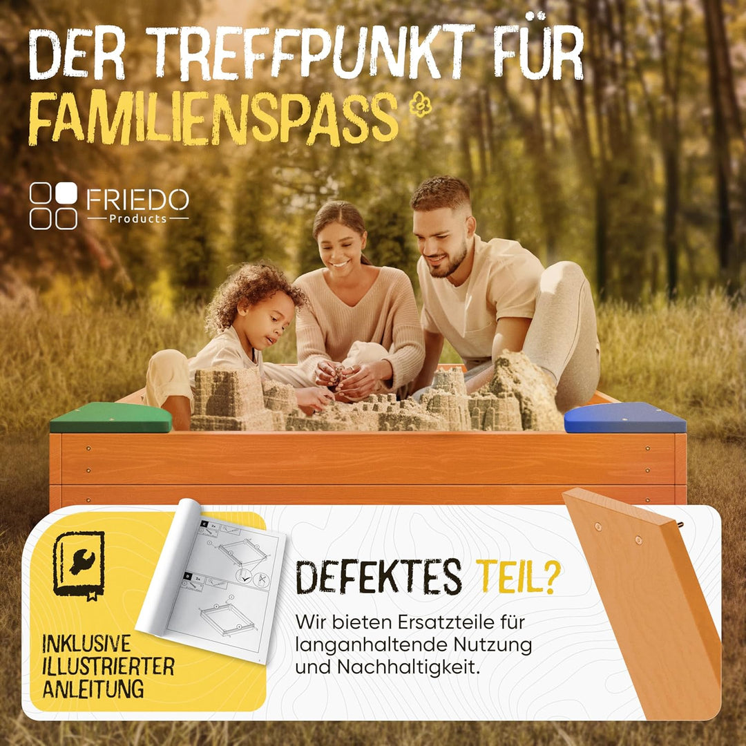 FRIEDO – Sandkasten mit Abdeckung 120x120 cm - Sandbox inkl. Bodenvlies zum Schutz vor Unkraut und U
