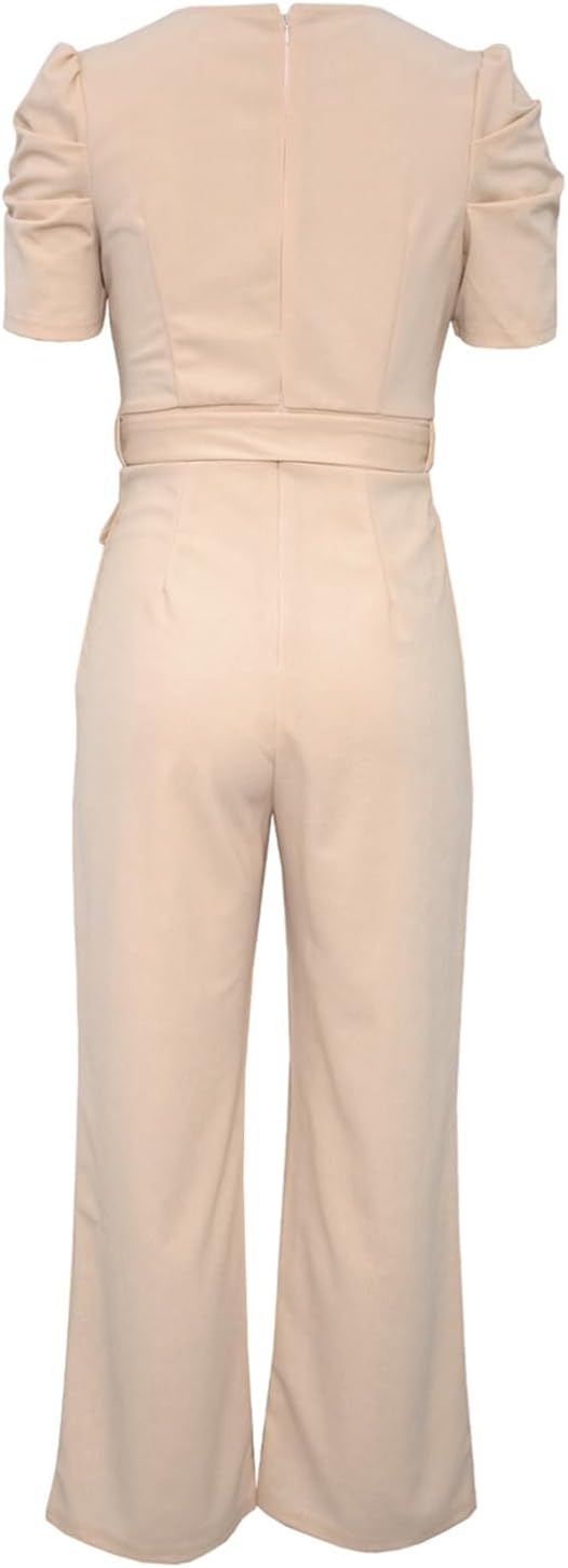 Damen Lang Jumpsuit Overall Hosenanzug Elegant Romper Kurzarm Rundhals Playsuit mit Gürtel Hosenanzu
