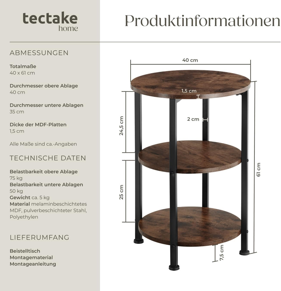 tectake Beistelltisch rund aus Holz und Metall, Industrie-Design, Couchtisch mit 3 Ebenen, für Wohnz