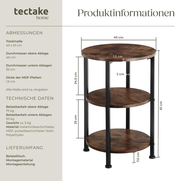 tectake Beistelltisch rund aus Holz und Metall, Industrie-Design, Couchtisch mit 3 Ebenen, für Wohnz