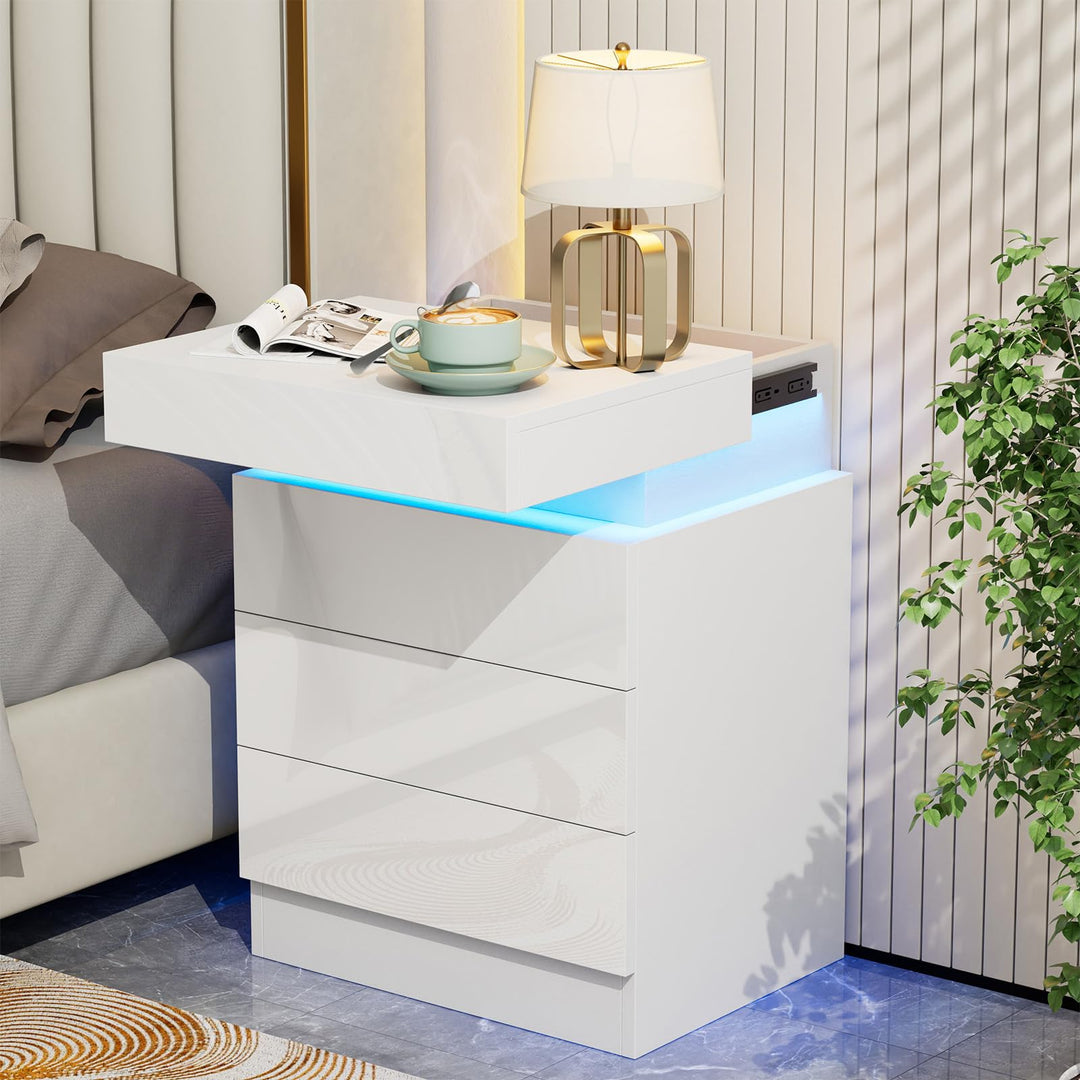 PIPIPOXER Nachttisch Weiss mit LED, Hochglanz Nachtschrank mit 3 Schubladen und Versteckte Obere Sch