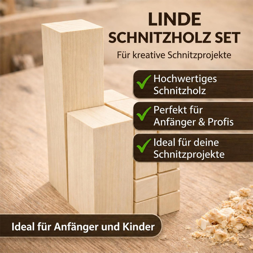 Edpas Schnitzholz Linde - Mix Set Gross 20x7x7cm + 6 kleine Holzblöcke + Schnitzvorlagen - weiches L