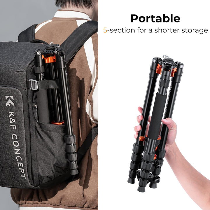 K&F Concept 170cm Kamerastativ, Stativ mit 90 Grad Mittelsäulen Einbeinsativ-Funktion, 360° Kugelkop
