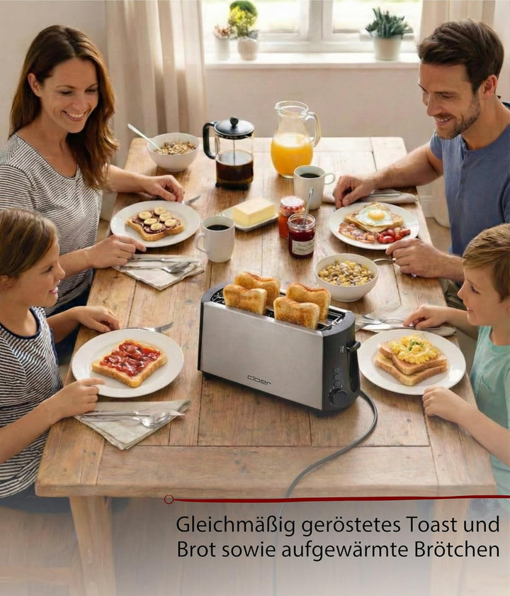 Cloer 3710 Langschlitztoaster für 4 Toastscheiben / 1380 W / integrierter Brötchenaufsatz / Nachhebe