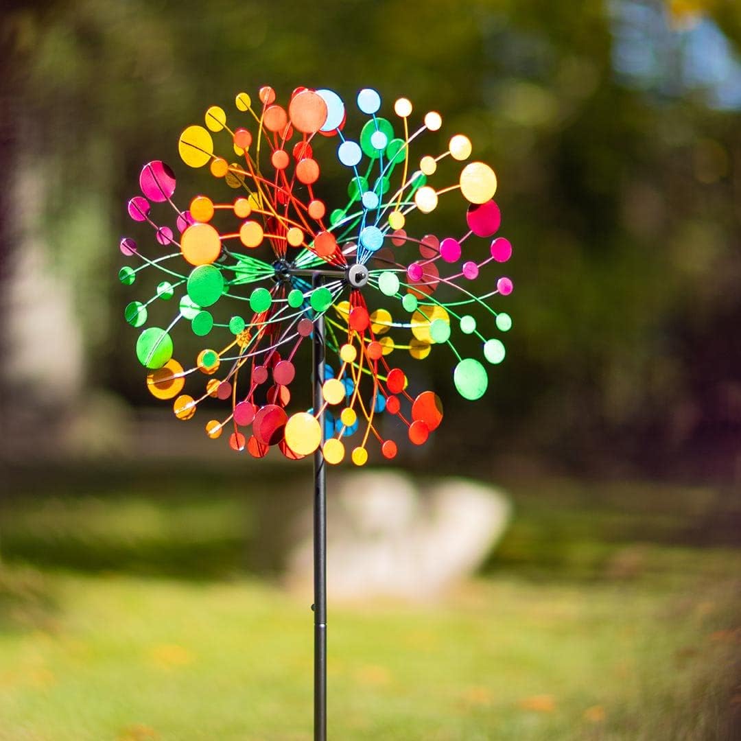 Windspiel Metall Multi-Colored Kaleidoscope Duett, Ø39 x H122 cm (inkl. Bodenanker), mit Zwei Rotore