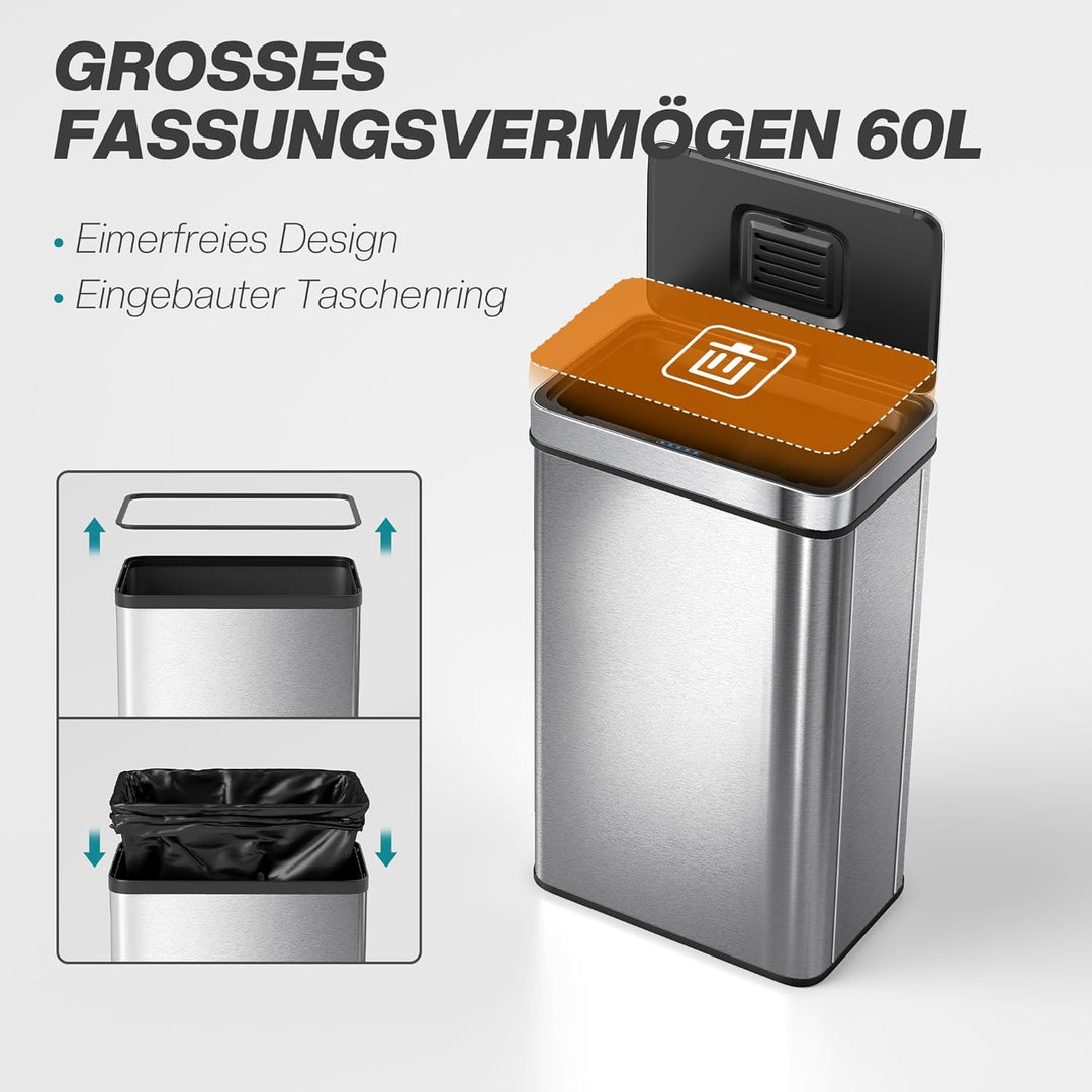 HOMCOM Mülleimer mit Sensor 60L Edelstahl Leiser Automatischer Abfalleimer mit Soft-Close-Deckel, Fi
