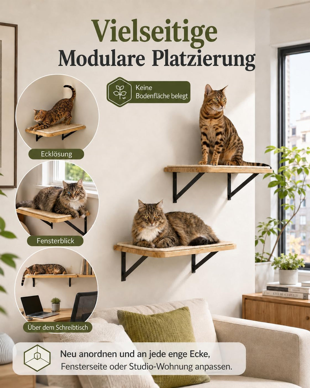 2PC Katzen Kletterwand, Katzenwandmöbel mit Kratzmatte, Wandmontiertes Massivholz Schlafplattform fü