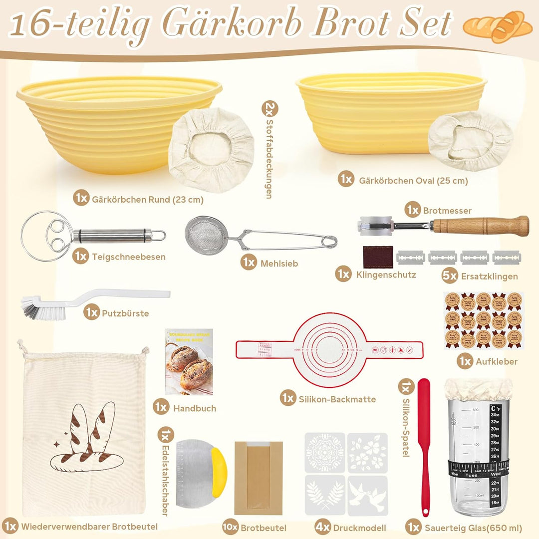 Sauerteig Starter Set, 16-teilig Gärkorb Brot Set, Brot Backen Zubehör, Gärkörbchen Oval und Rund 25